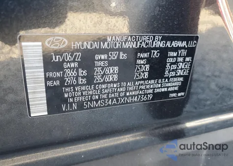 2022 Hyundai Santa Fe Sel z USA, uszkodzony, nr VIN 5NMS34AJXNH473619